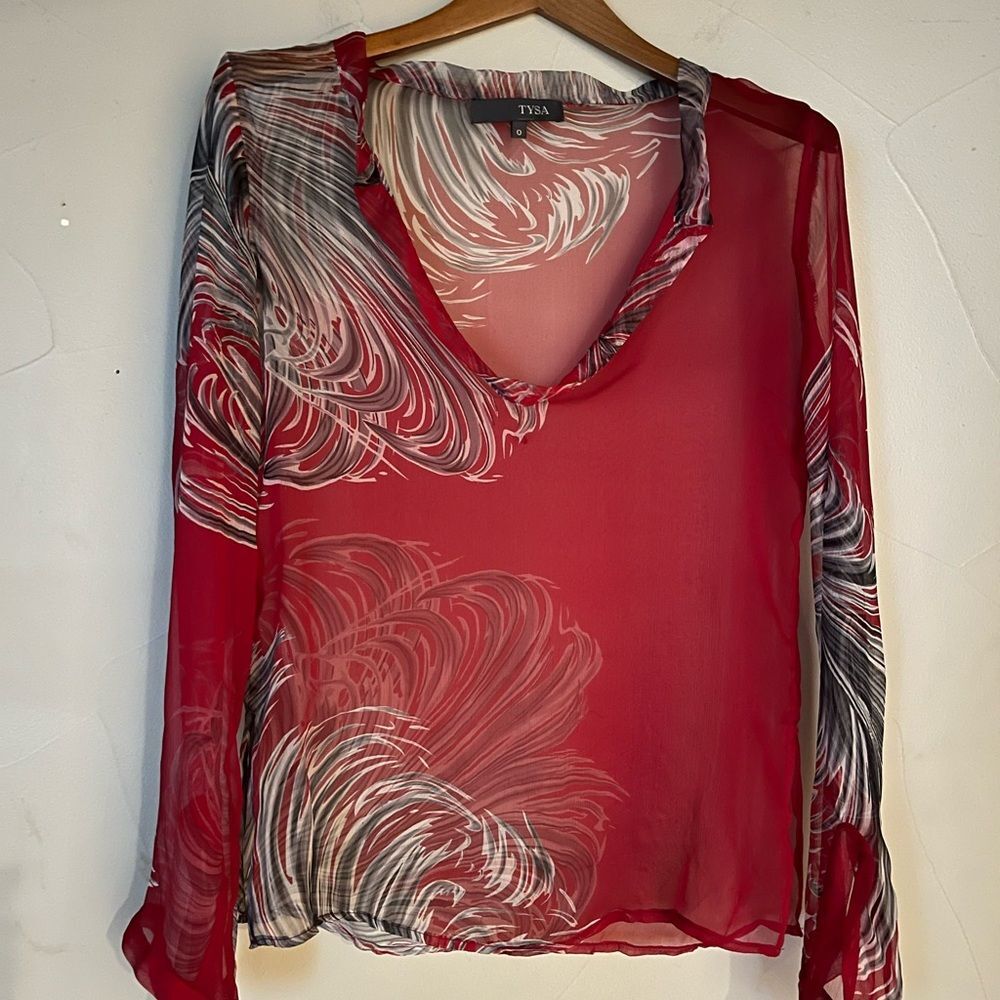 Tysa 100% silk long sleeve‎ Red blouse, 0, XS flutter cuff, deep V open neckline